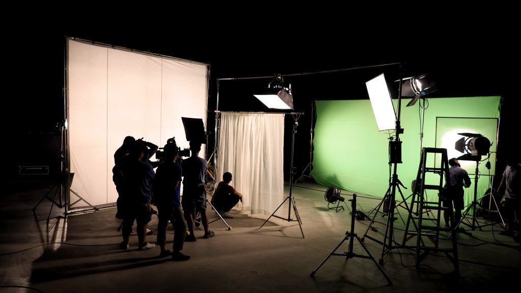 low key silhouette lighting vdo production scenes which film crew team are setting up